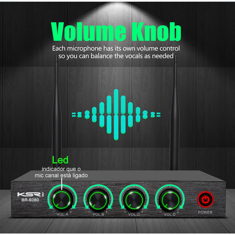 Microfone Sem Fio Quadruplo Ksr Pro Br6080 200 Canais Uhf Preto
