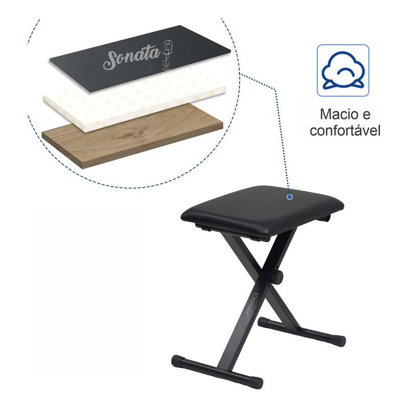 Banco Retrátil Piano Teclado Mellody D90 Preto Ajustável Em X Sonata Q90