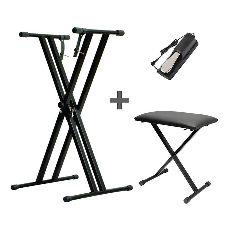 Estante Teclado Piano Q2x + Banco Q90 + Pedal Sustain Tb100 Preto