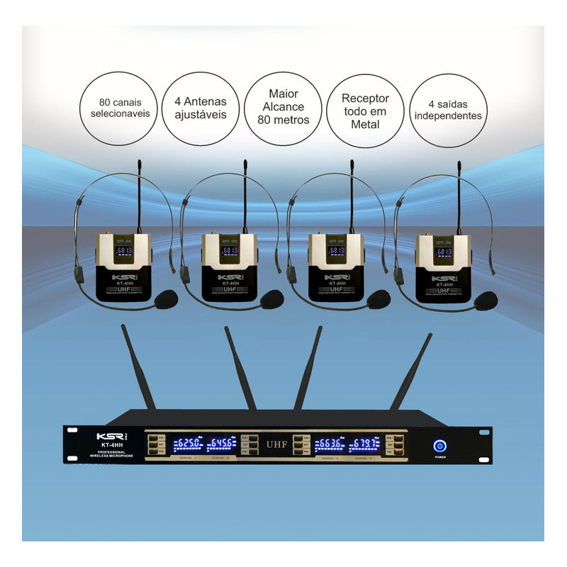 Microfone Sem Fio Quadruplo Ksr Pro Kt4h Head 80 Canais Preto