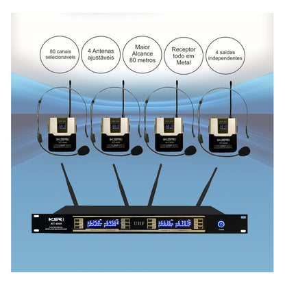 Microfone Sem Fio Quadruplo Ksr Pro Kt4h Head 80 Canais Preto