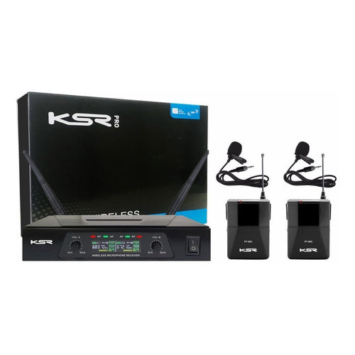Microfone Sem Fio Duplo Ksr Uhf Lapela + Lapela Camera Cor Preto