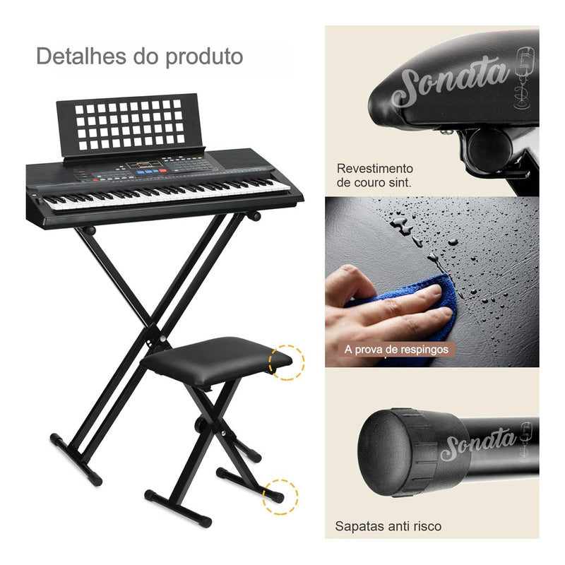 Banco Retrátil Piano Teclado Mellody D90 Preto Ajustável Em X Sonata Q90