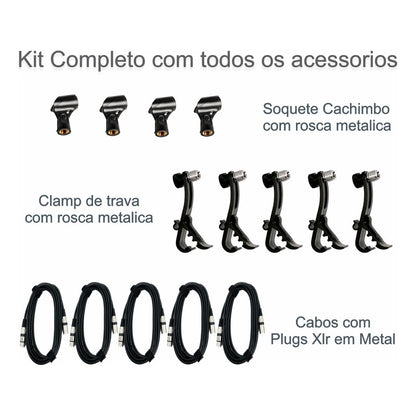 Kit De 5 Microfone Para Bateria Percussão Ksr Pro Km5x Bumbo Preto