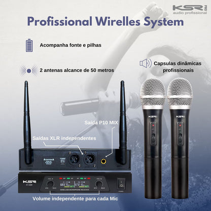 Microfone Duplo Sem Fio Recarregavel Mao + Mao Uhf Ksr Kt2m Preto