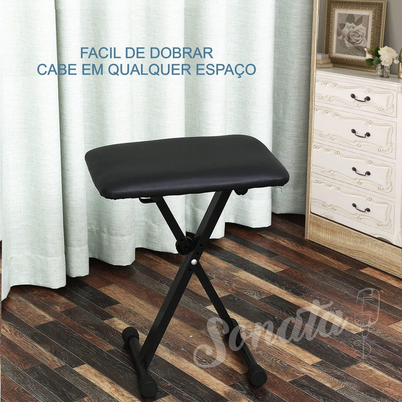 Banco Retrátil Piano Teclado Mellody D90 Preto Ajustável Em X Sonata Q90