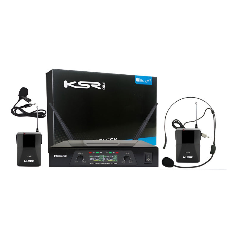 Microfone Sem Fio Duplo Headset + Lapela Camera Ksr Pro Uhf Preto
