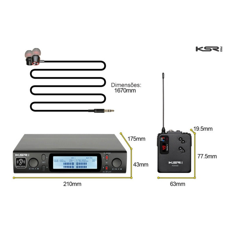 Sistema Monitor Duplo Ponto Sem Fio In Ear Ksr Pro Psm400  Preto
