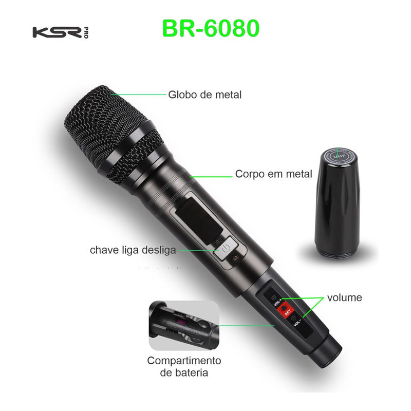 Microfone Sem Fio Quadruplo Ksr Pro Br6080 200 Canais Uhf Preto
