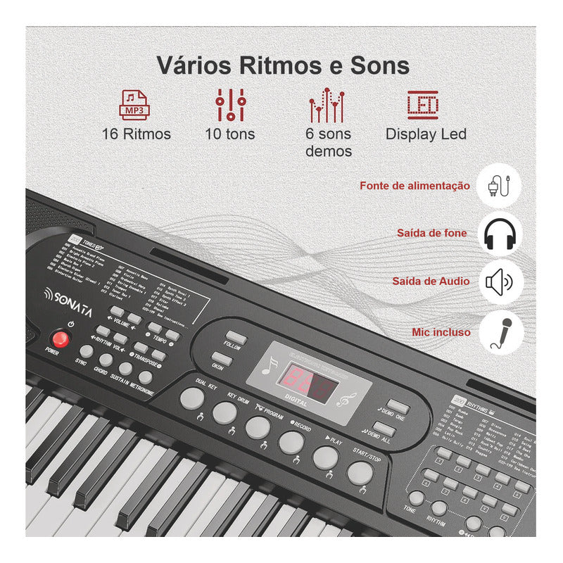 Teclado Musical Estudante Iniciante 61 Teclas Sonata Sk6000 127/220v Preto