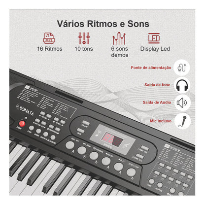 Teclado Musical Estudante Iniciante 61 Teclas Sonata Sk6000 127/220v Preto