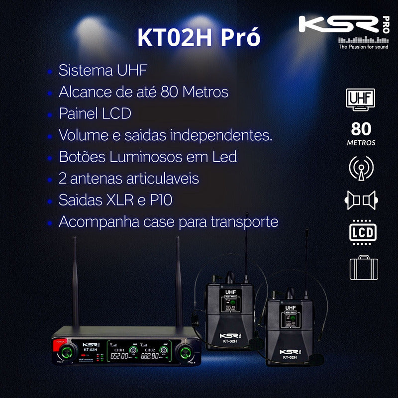 Microfone Sem Fio Headset Duplo Profissional Ksr Pro Uhf Preto KT2H