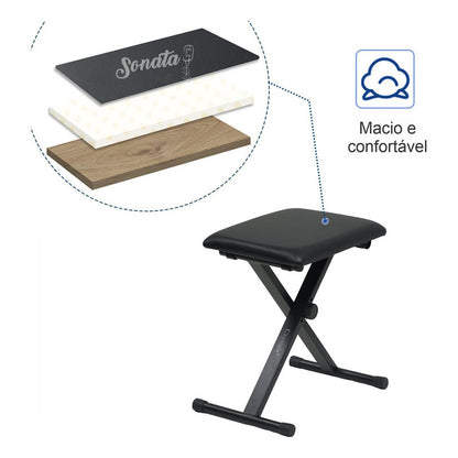 Banco Retrátil Piano Teclado Mellody D90 Preto Ajustável Em X Sonata Q90