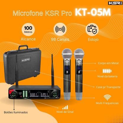 Microfone Sem Fio Duplo Profissional Ksr Pro Kt5m 98 Canais Preto
