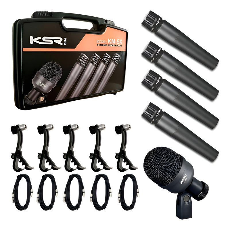 Kit De 5 Microfone Para Bateria Percussão Ksr Pro Km5x Bumbo Preto