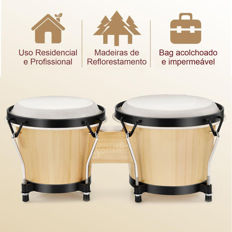 Bongo Percussão Profissional 6 E 7 Pele Animal E Bag Sonata