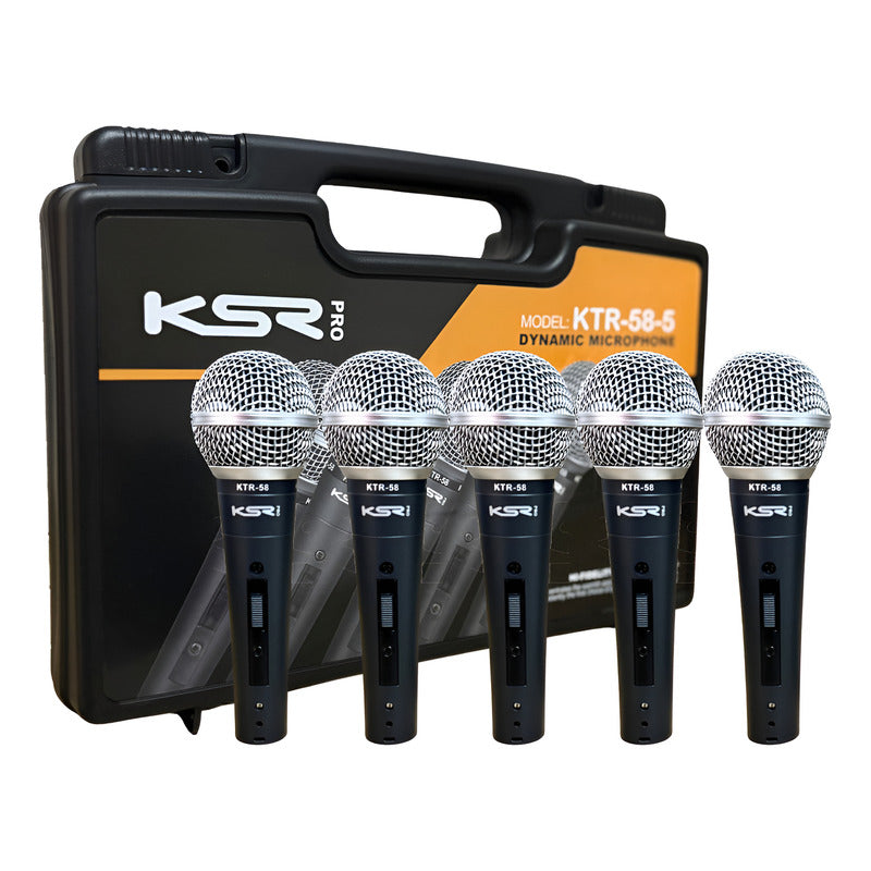 Kit 5 Microfone Profissional Sm Ktr58-5 Ksr Pro Metal Estojo Preto