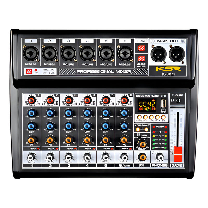 Mesa De Som Ksr K-06m 6 Canais Bluetooth Usb Phantom Mp3 Fx Delay 127/220v