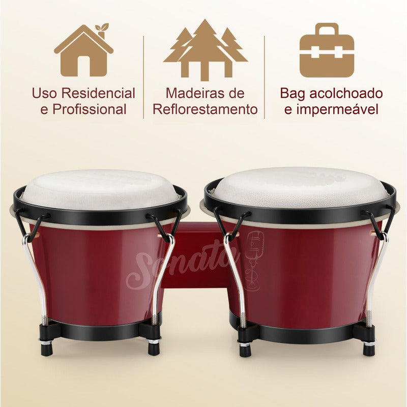 Bongo Percussão Profissional 6 E 7 Pele Animal E Bag Sonata