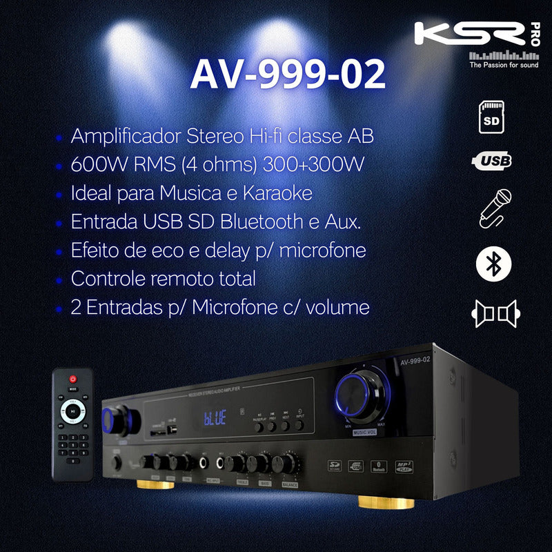 Amplificador Receiver home Som Ambiente 600w ksr Pro VR-3000