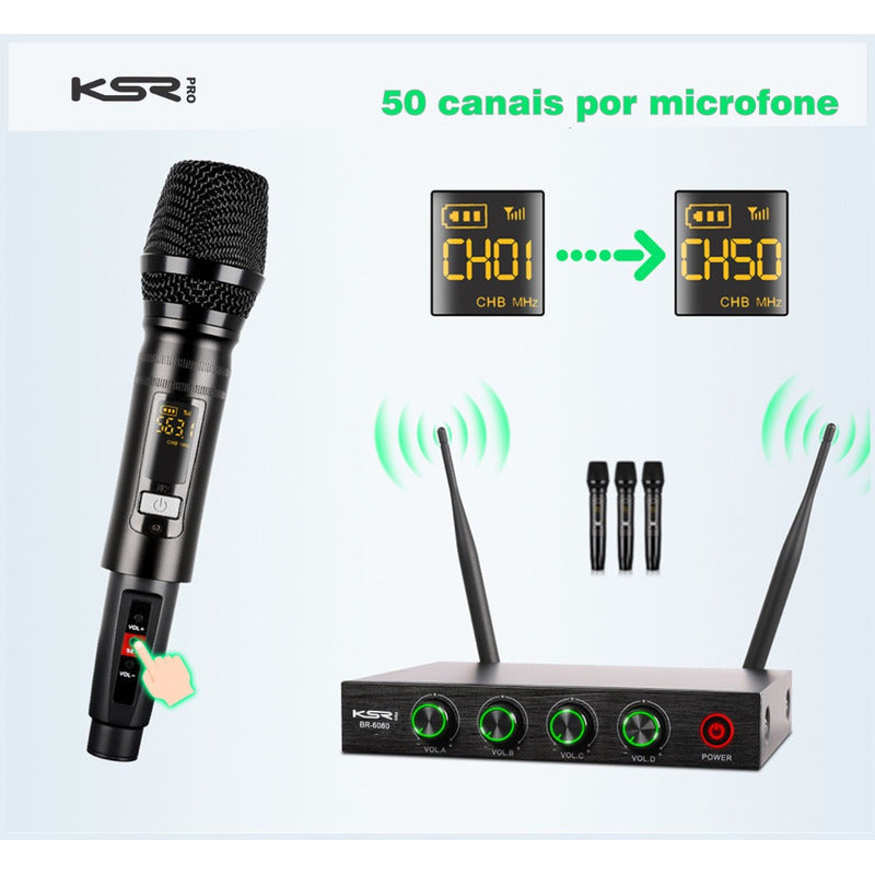 Microfone Sem Fio Quadruplo Ksr Pro Br6080 200 Canais Uhf Preto