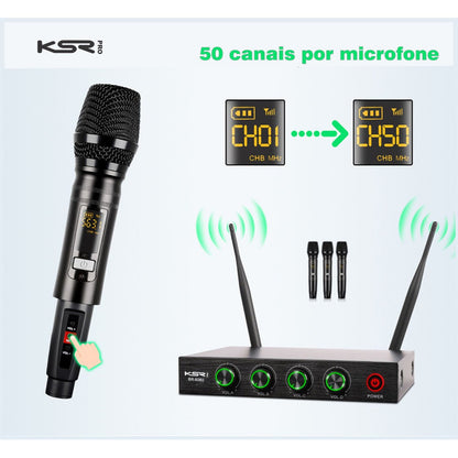 Microfone Sem Fio Quadruplo Ksr Pro Br6080 200 Canais Uhf Preto