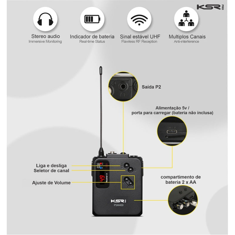 Sistema Monitor Duplo Ponto Sem Fio In Ear Ksr Pro Psm400  Preto