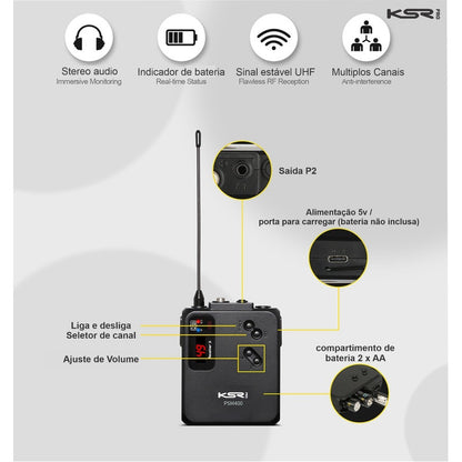 Sistema Monitor Duplo Ponto Sem Fio In Ear Ksr Pro Psm400  Preto