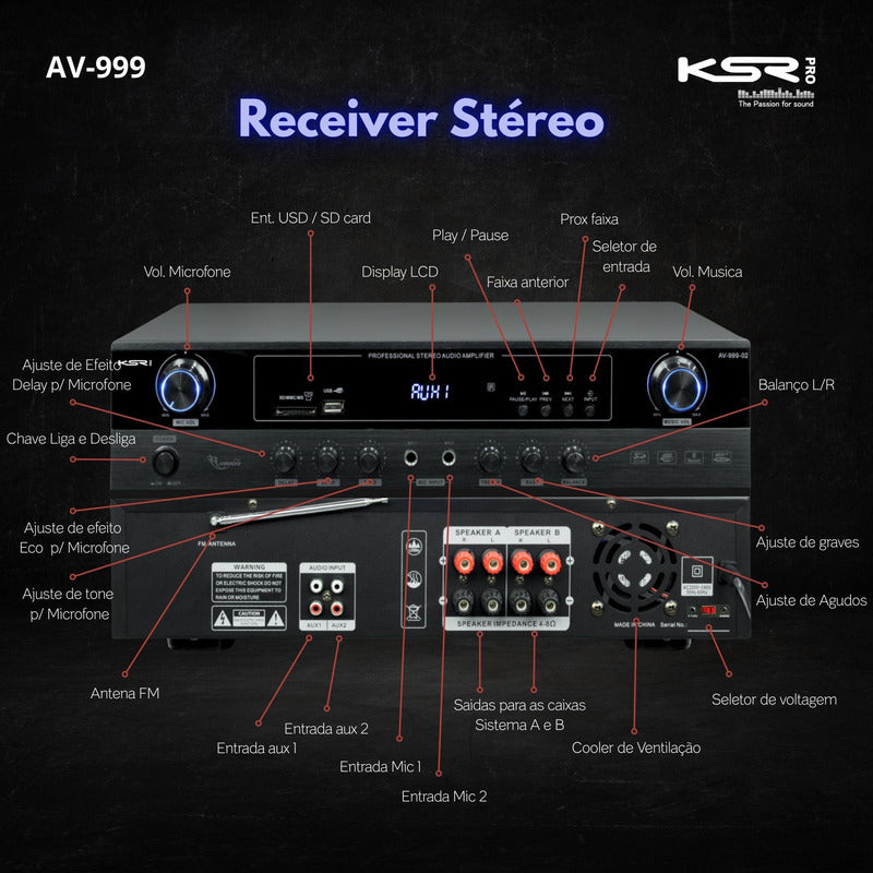 Amplificador Receiver home Som Ambiente 600w ksr Pro VR-3000