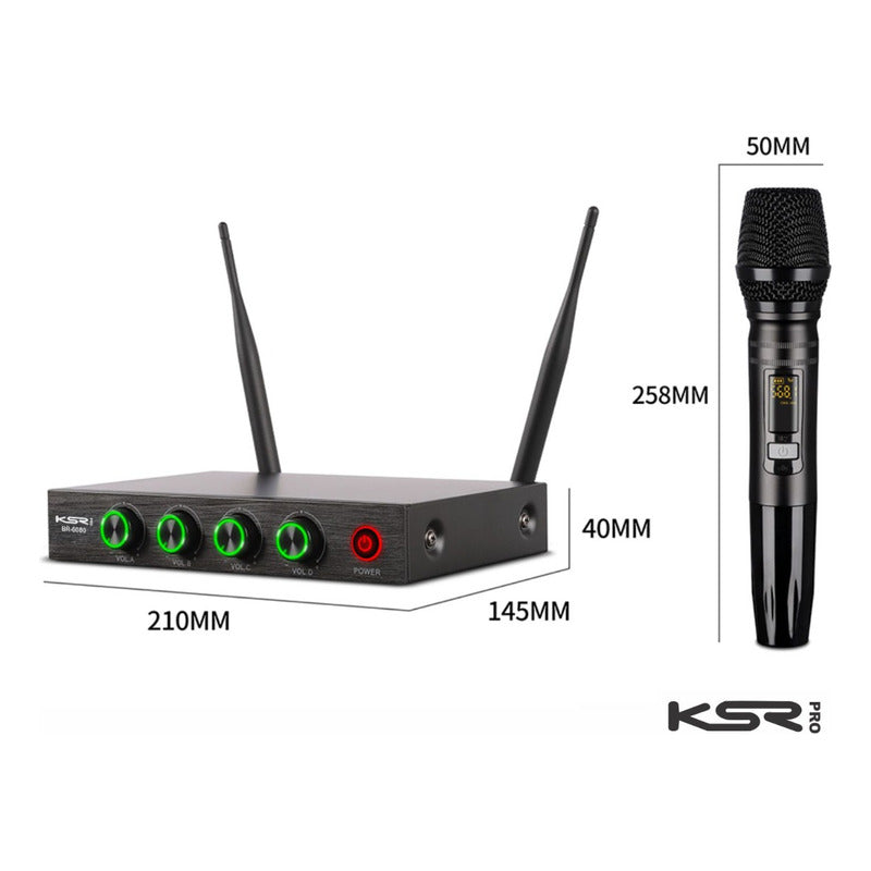 Microfone Sem Fio Quadruplo Ksr Pro Br6080 200 Canais Uhf Preto