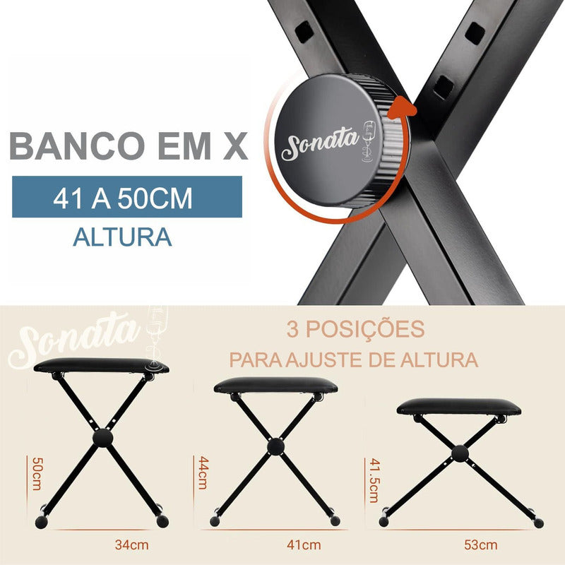 Banco Retrátil Piano Teclado Mellody D90 Preto Ajustável Em X Sonata Q90