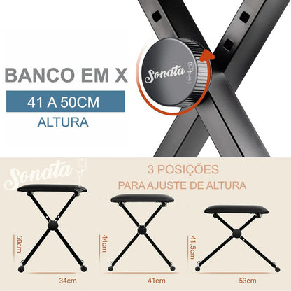 Banco Retrátil Piano Teclado Mellody D90 Preto Ajustável Em X Sonata Q90