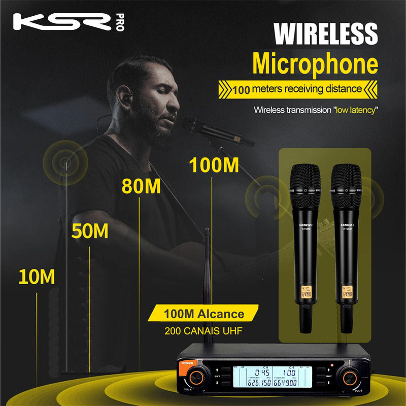 Microfone Sem Fio Duplo Profissional Recarregável Ksr Kt6m Preto