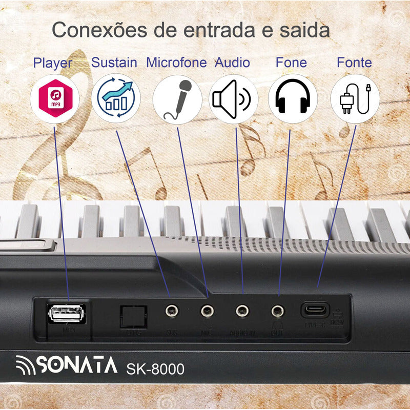 Teclado Musical Sensitivo 5/8 61 Teclas Sonata Sk8000 127/220v Preto