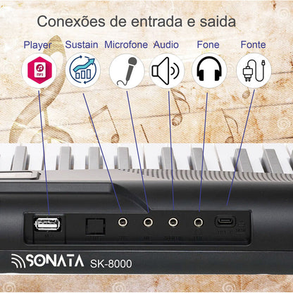 Teclado Musical Sensitivo 5/8 61 Teclas Sonata Sk8000 127/220v Preto
