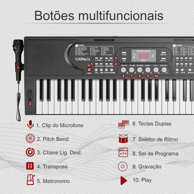 Teclado Musical Estudante Iniciante 61 Teclas Sonata Sk6000 127/220v Preto