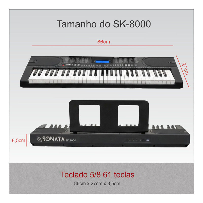 Teclado Musical Sensitivo 5/8 61 Teclas Sonata Sk8000 127/220v Preto