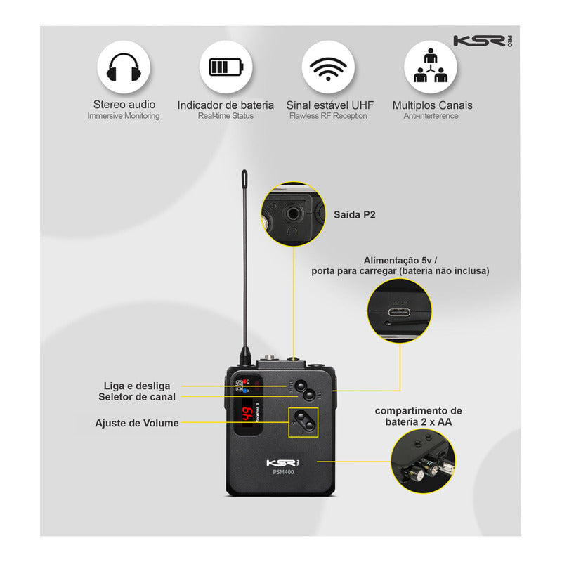 Monitor De Palco Quadruplo Ponto Sem Fio In Ear Ksr Psm400-4 Preto