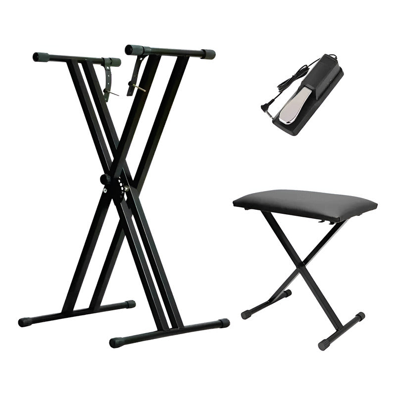 Estante Teclado Piano Q2x + Banco Q90 + Pedal Sustain Tb100 Preto