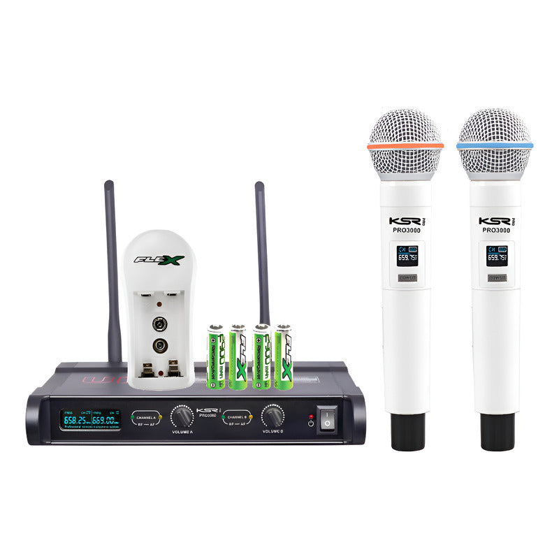 Microfone Sem Fio Branco Recarregável Duplo Mao Ksr Pro 3000 Branco