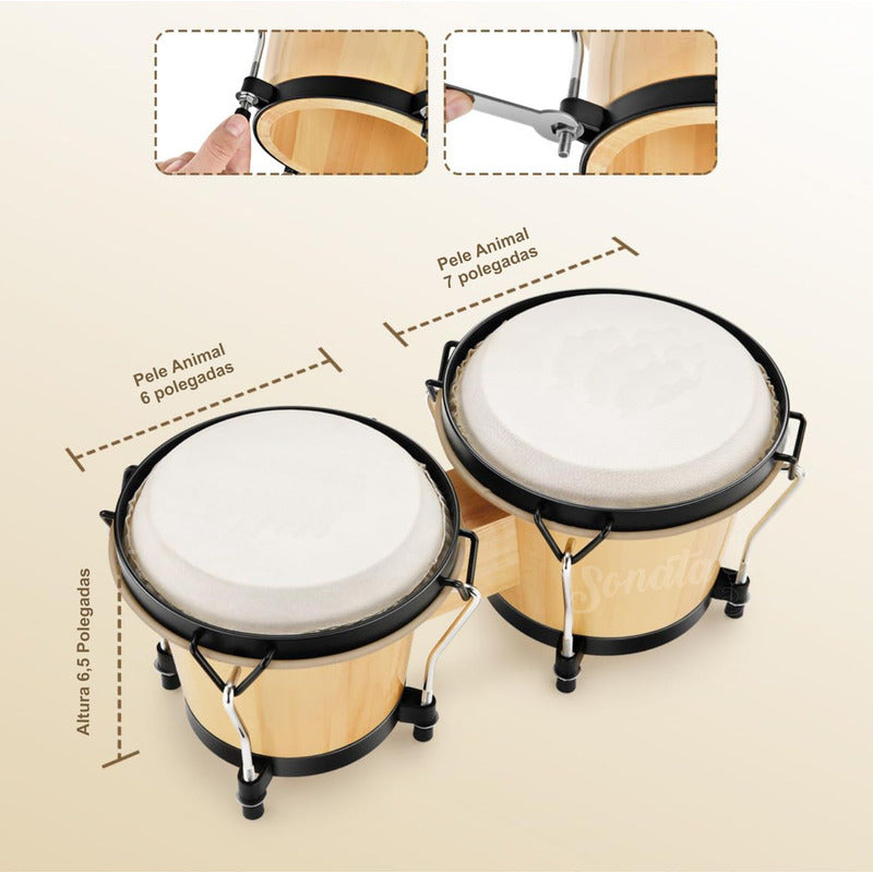 Bongo Percussão Profissional 6 E 7 Pele Animal E Bag Sonata