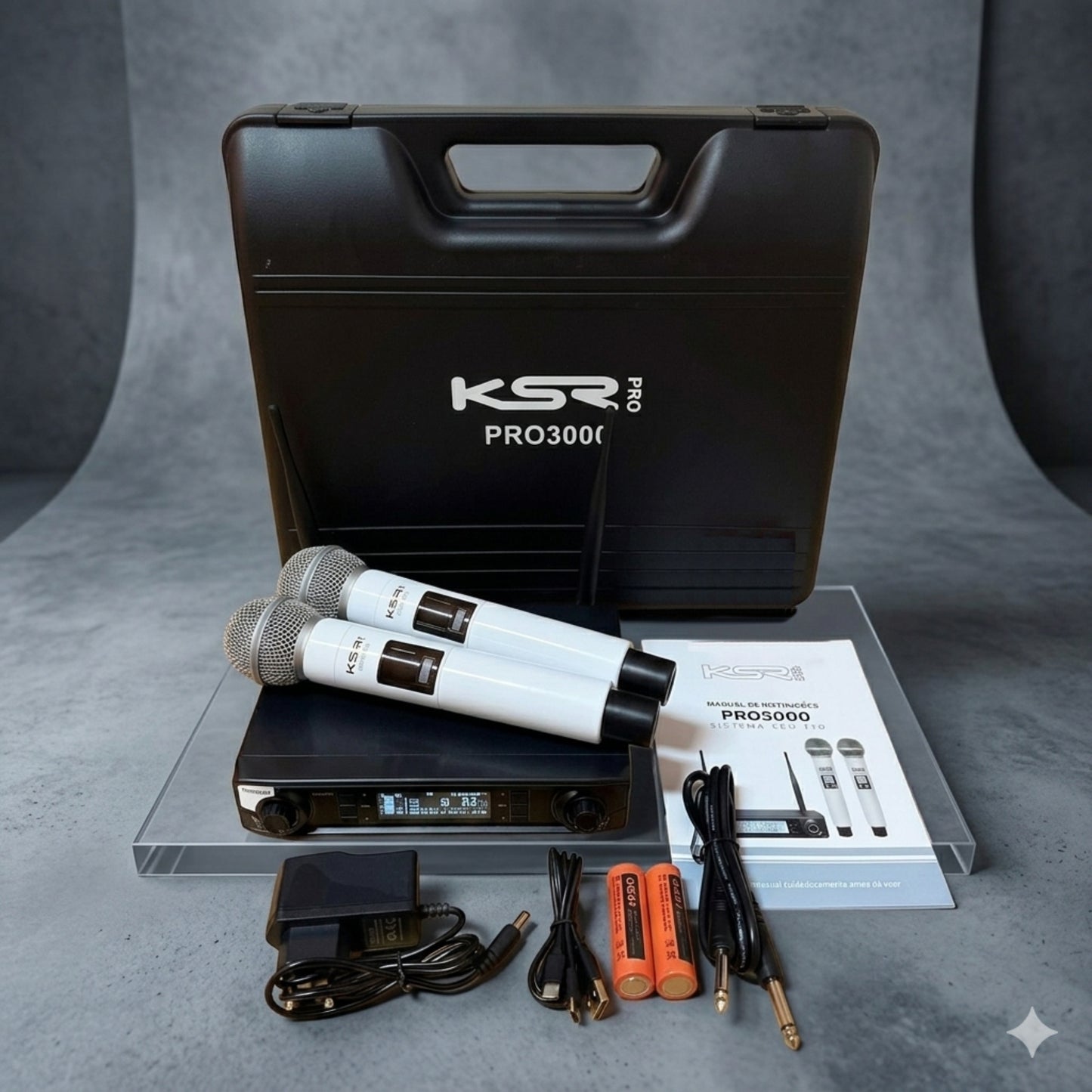 Microfone Sem Fio Branco Recarregável Duplo Mao Ksr Pro 3000