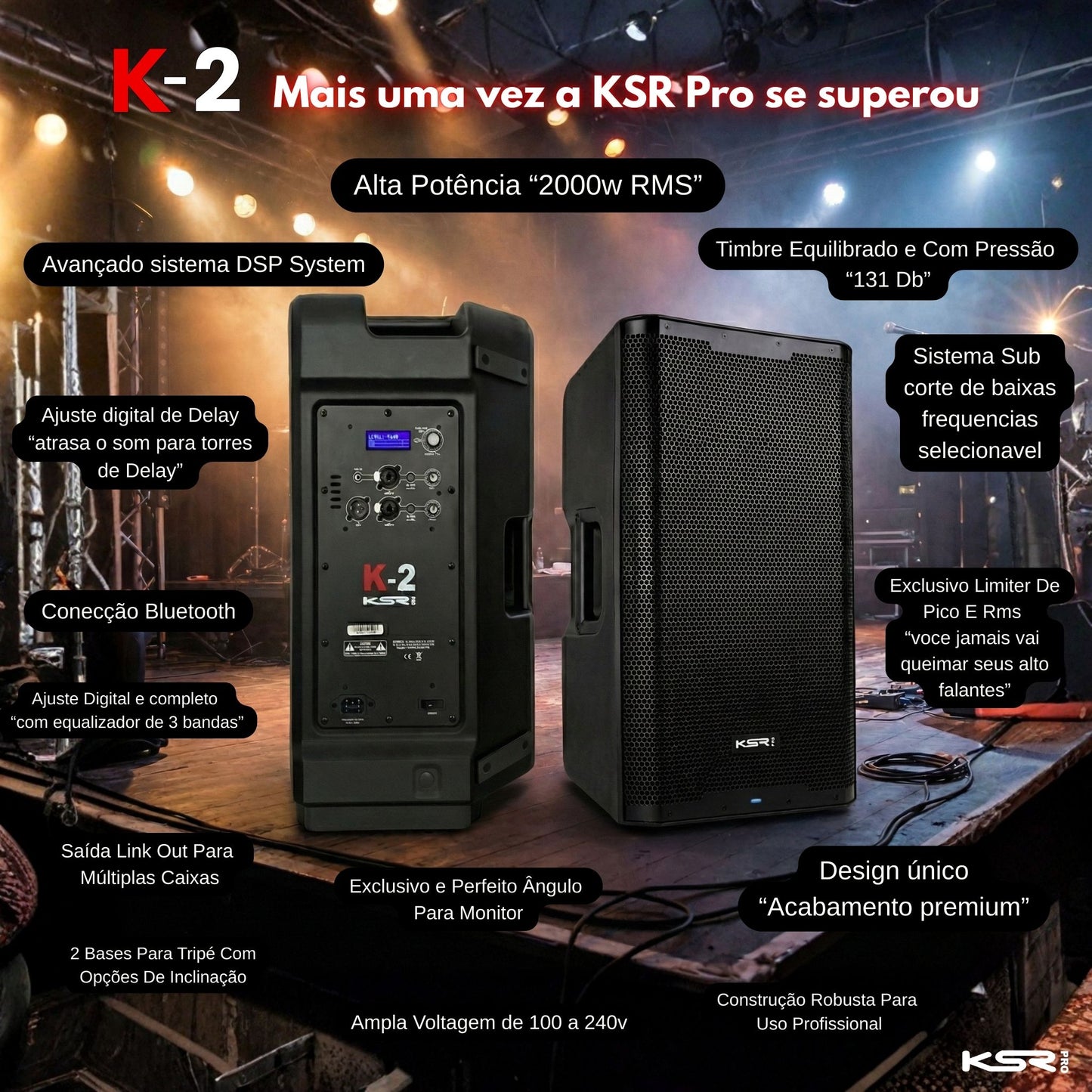 Caixa De Som Ativa 15 Poleg 2000 Watts Rms Ksr K2 + Tripé Preto 127/220v